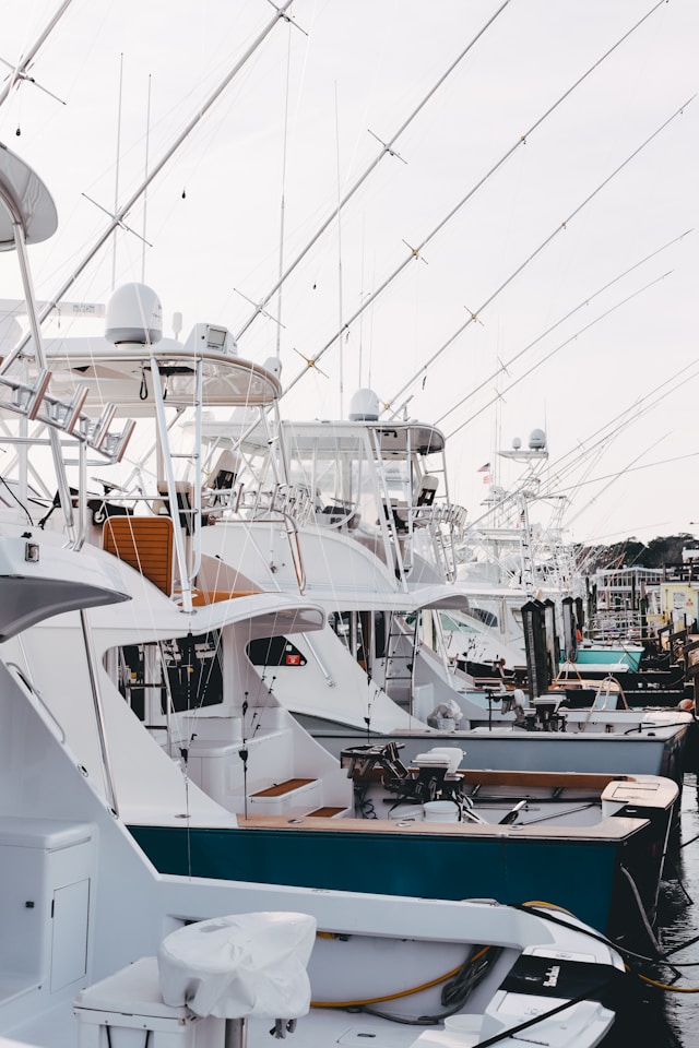 A well-maintained boat docked at a marina in Los Angeles